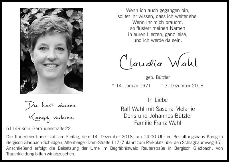  Traueranzeige für Claudia Wahl vom 11.12.2018 aus Kölner Stadt-Anzeiger / Kölnische Rundschau / Express