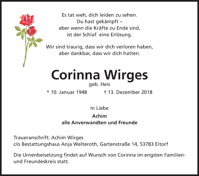  Traueranzeige für Corinna Wirges vom 22.12.2018 aus Kölner Stadt-Anzeiger / Kölnische Rundschau / Express