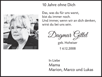 Anzeige von Dagmar Gittel von  Schlossbote/Werbekurier 