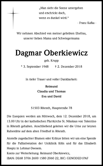 Anzeige von Dagmar Oberkiewicz von Kölner Stadt-Anzeiger / Kölnische Rundschau / Express