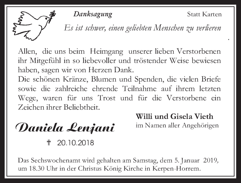  Traueranzeige für Daniela Lenjani vom 19.12.2018 aus  Werbepost 