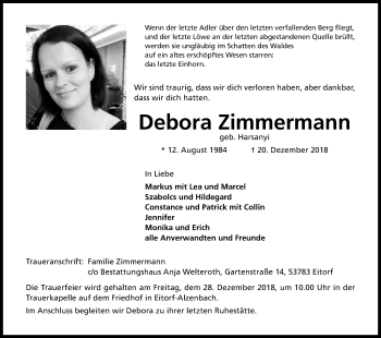 Anzeige von Debora Zimmermann von Kölner Stadt-Anzeiger / Kölnische Rundschau / Express