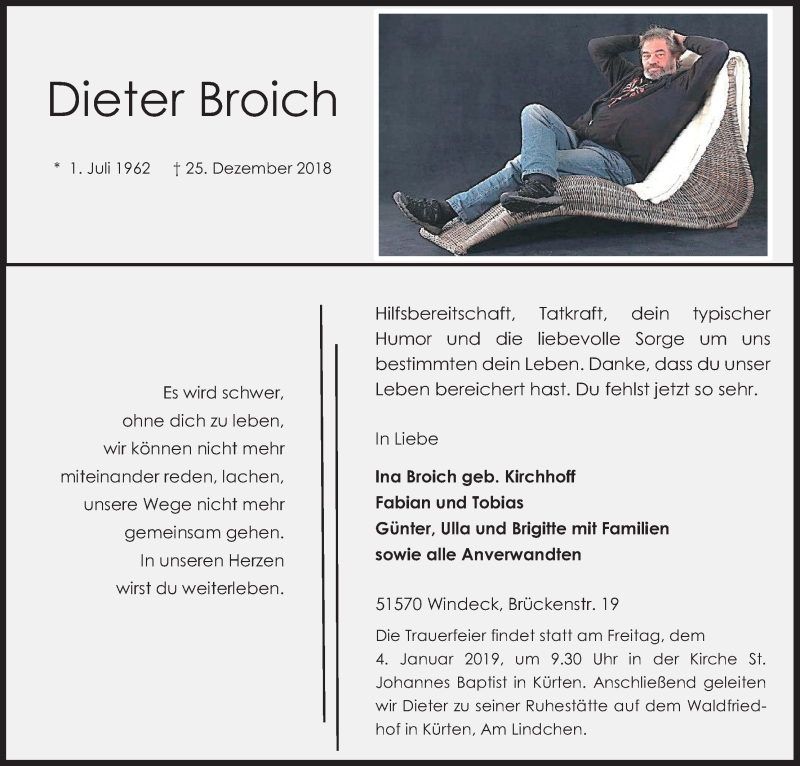  Traueranzeige für Dieter Broich vom 29.12.2018 aus Kölner Stadt-Anzeiger / Kölnische Rundschau / Express