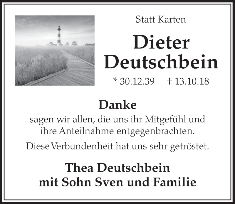  Traueranzeige für Dieter Deutschbein vom 15.12.2018 aus  Sonntags-Post 