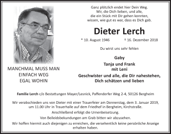 Anzeige von Dieter Lerch von  Sonntags-Post 