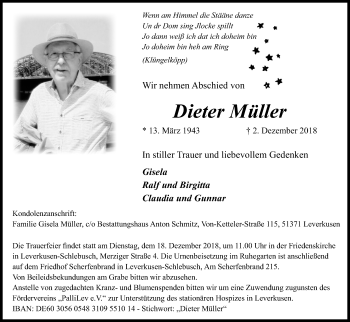 Anzeige von Dieter Müller von Kölner Stadt-Anzeiger / Kölnische Rundschau / Express