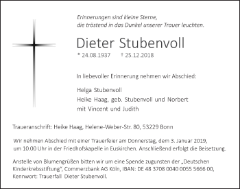 Anzeige von Dieter Stubenvoll von  Blickpunkt Euskirchen 
