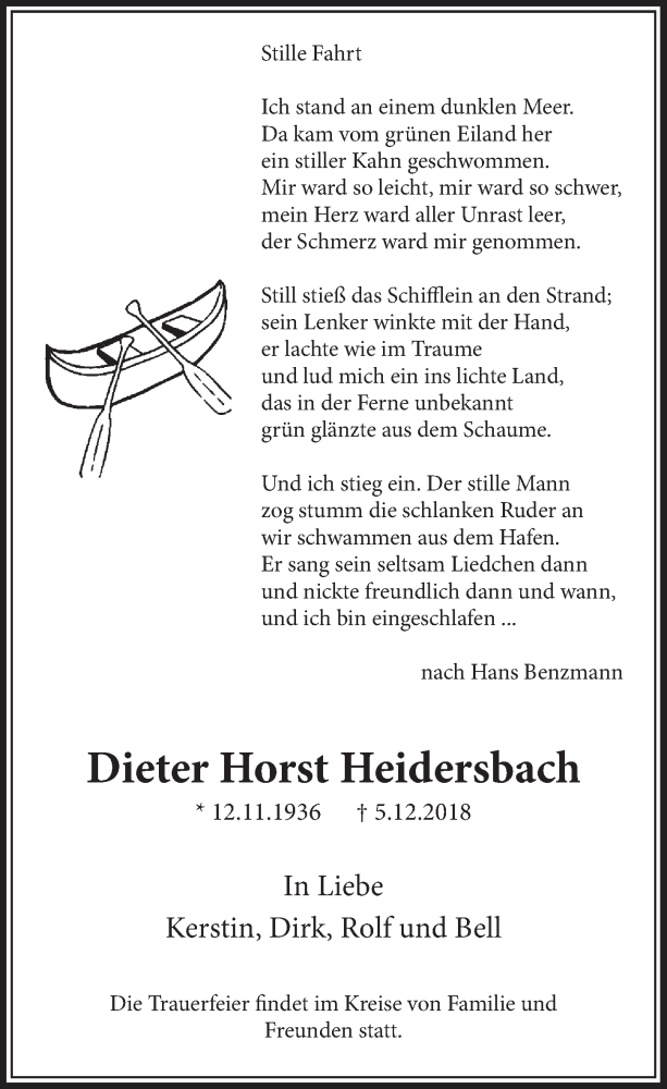  Traueranzeige für Dieter Horst Heidersbach vom 19.12.2018 aus  Schlossbote/Werbekurier 