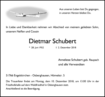 Anzeige von Dietmar Schubert von Kölner Stadt-Anzeiger / Kölnische Rundschau / Express