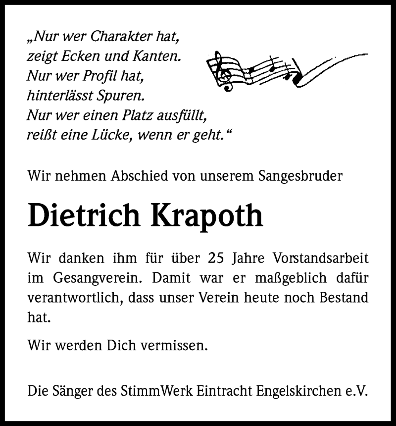  Traueranzeige für Dietrich Krapoth vom 29.12.2018 aus Kölner Stadt-Anzeiger / Kölnische Rundschau / Express