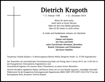 Anzeige von Dietrich Krapoth von Kölner Stadt-Anzeiger / Kölnische Rundschau / Express