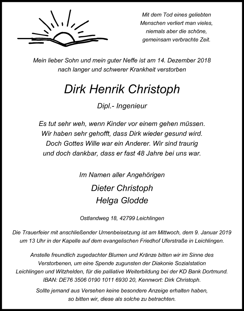  Traueranzeige für Dirk Henrik Christoph vom 29.12.2018 aus Kölner Stadt-Anzeiger / Kölnische Rundschau / Express