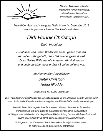 Anzeige von Dirk Henrik Christoph von Kölner Stadt-Anzeiger / Kölnische Rundschau / Express