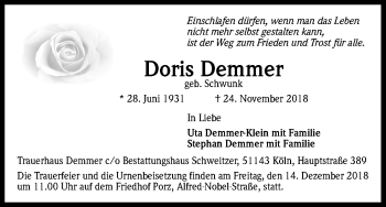 Anzeige von Doris Demmer von Kölner Stadt-Anzeiger / Kölnische Rundschau / Express