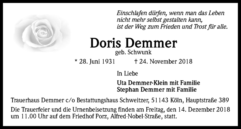  Traueranzeige für Doris Demmer vom 08.12.2018 aus Kölner Stadt-Anzeiger / Kölnische Rundschau / Express