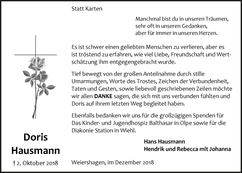  Traueranzeige für Doris Hausmann vom 12.12.2018 aus  Anzeigen Echo 