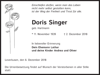 Anzeige von Doris Singer von Kölner Stadt-Anzeiger / Kölnische Rundschau / Express
