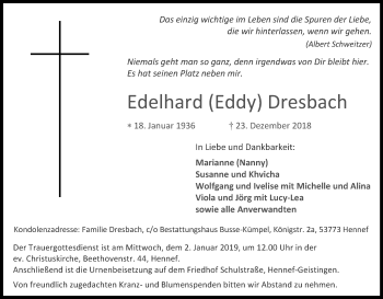 Anzeige von Edelhard Eddy Dresbach von Kölner Stadt-Anzeiger / Kölnische Rundschau / Express