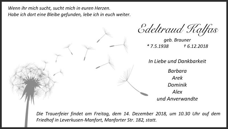  Traueranzeige für Edeltraud Kalfas vom 12.12.2018 aus Kölner Stadt-Anzeiger / Kölnische Rundschau / Express
