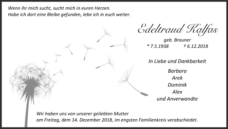  Traueranzeige für Edeltraud Kalfas vom 15.12.2018 aus Kölner Stadt-Anzeiger / Kölnische Rundschau / Express