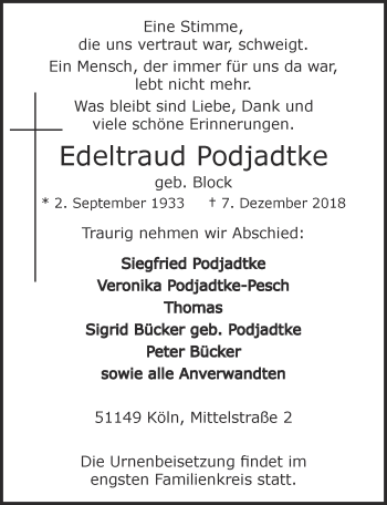 Anzeige von Edeltraud Podjadtke von  Kölner Wochenspiegel 