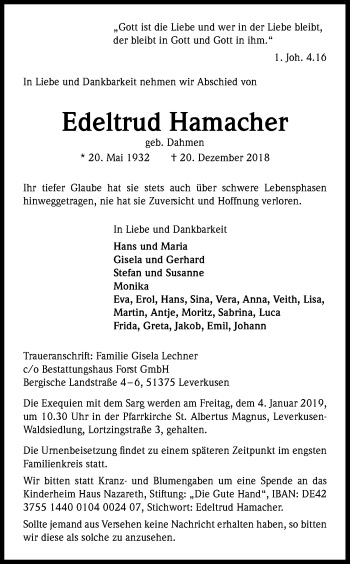 Anzeige von Edeltrud Hamacher von Kölner Stadt-Anzeiger / Kölnische Rundschau / Express