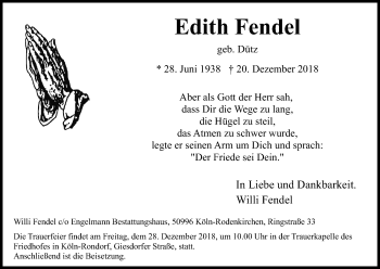 Anzeige von Edith Fendel von Kölner Stadt-Anzeiger / Kölnische Rundschau / Express