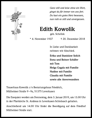 Anzeige von Edith Kowolik von Kölner Stadt-Anzeiger / Kölnische Rundschau / Express
