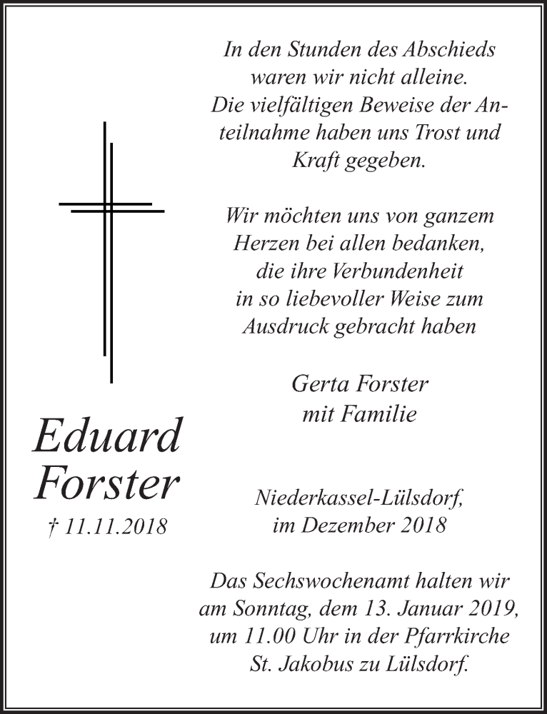  Traueranzeige für Eduard Forster vom 12.12.2018 aus  Extra Blatt 