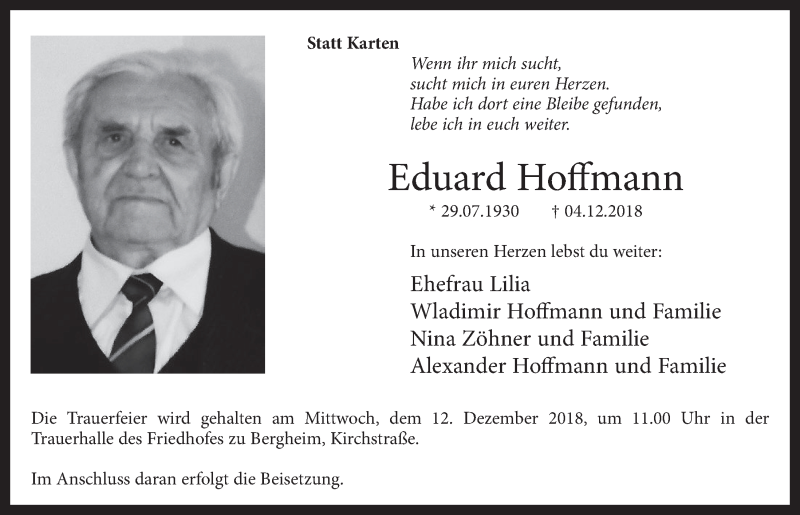  Traueranzeige für Eduard Hoffmann vom 08.12.2018 aus  Sonntags-Post 