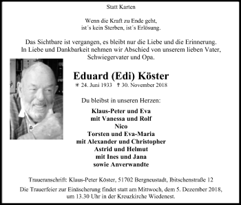 Anzeige von Eduard Edi Köster von Kölner Stadt-Anzeiger / Kölnische Rundschau / Express