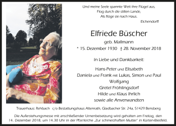 Anzeige von Elfriede Büscher von  Bergisches Handelsblatt 