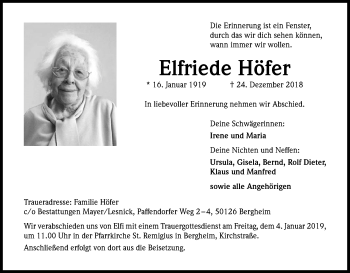 Anzeige von Elfriede Höfer von Kölner Stadt-Anzeiger / Kölnische Rundschau / Express