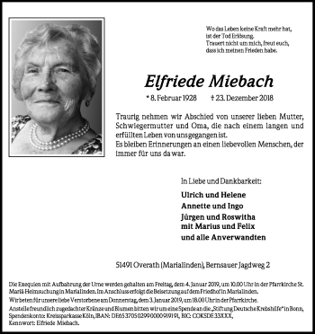 Anzeige von Elfriede Miebach von Kölner Stadt-Anzeiger / Kölnische Rundschau / Express