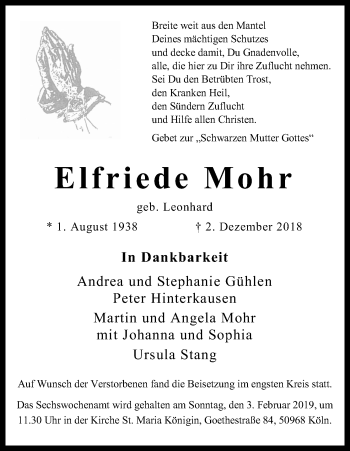 Anzeige von Elfriede Mohr von Kölner Stadt-Anzeiger / Kölnische Rundschau / Express