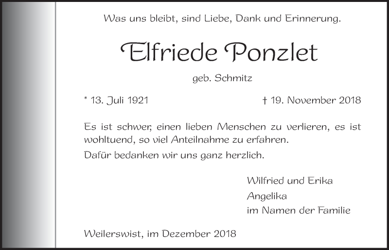  Traueranzeige für Elfriede Ponzlet vom 22.12.2018 aus  Blickpunkt Euskirchen 