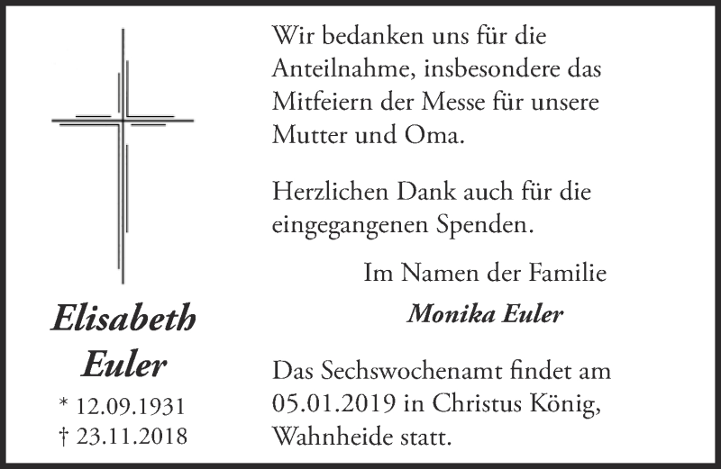  Traueranzeige für Elisabeth Euler vom 19.12.2018 aus  Kölner Wochenspiegel 
