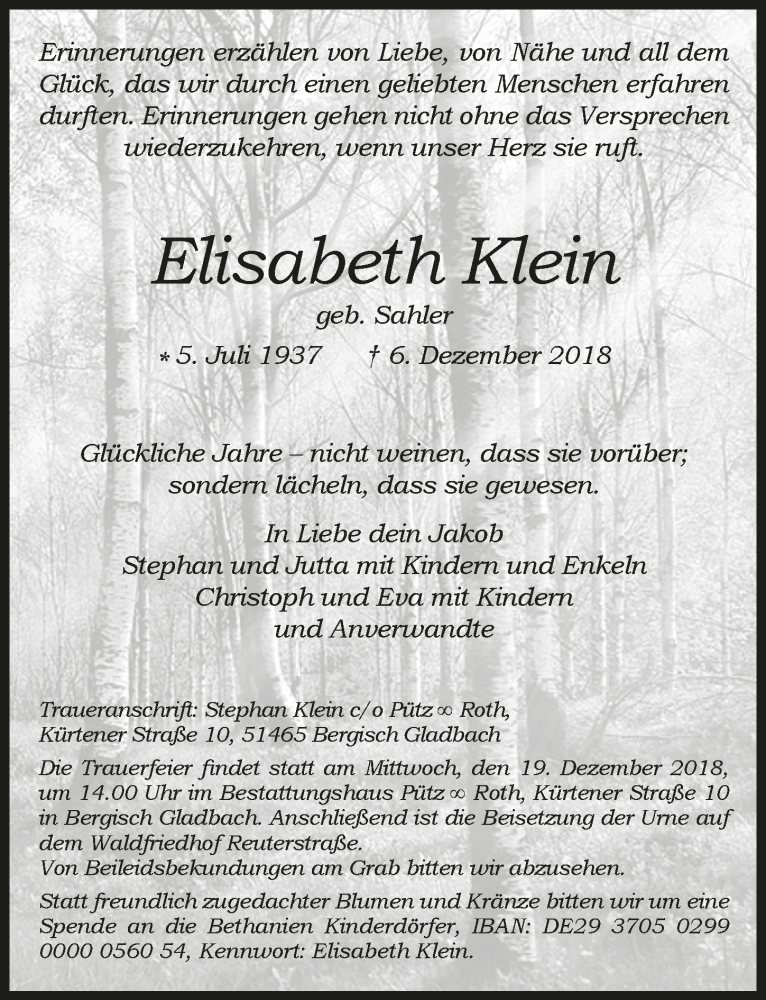  Traueranzeige für Elisabeth Klein vom 12.12.2018 aus  Bergisches Handelsblatt 