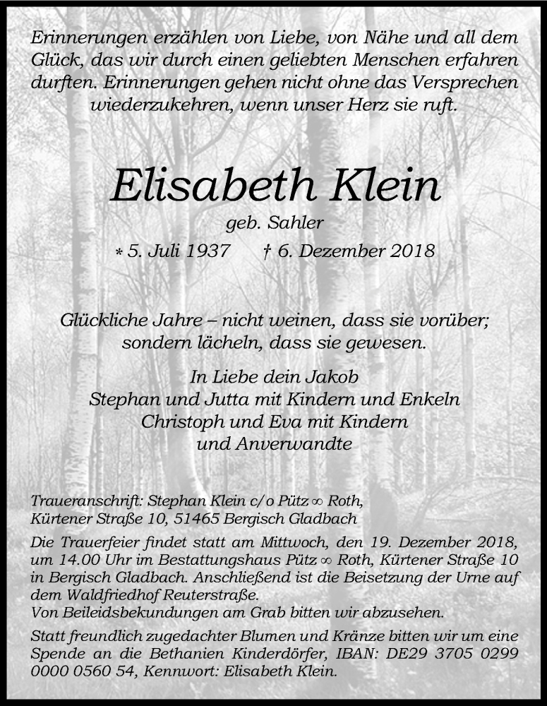  Traueranzeige für Elisabeth Klein vom 12.12.2018 aus Kölner Stadt-Anzeiger / Kölnische Rundschau / Express