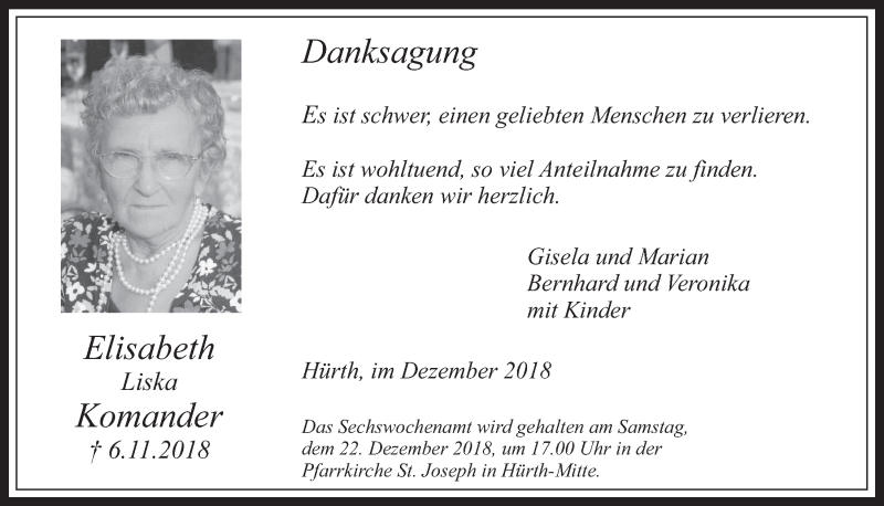  Traueranzeige für Elisabeth Komander vom 12.12.2018 aus  Wochenende 