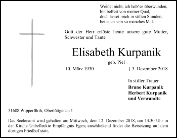 Anzeige von Elisabeth Kurpanik von Kölner Stadt-Anzeiger / Kölnische Rundschau / Express