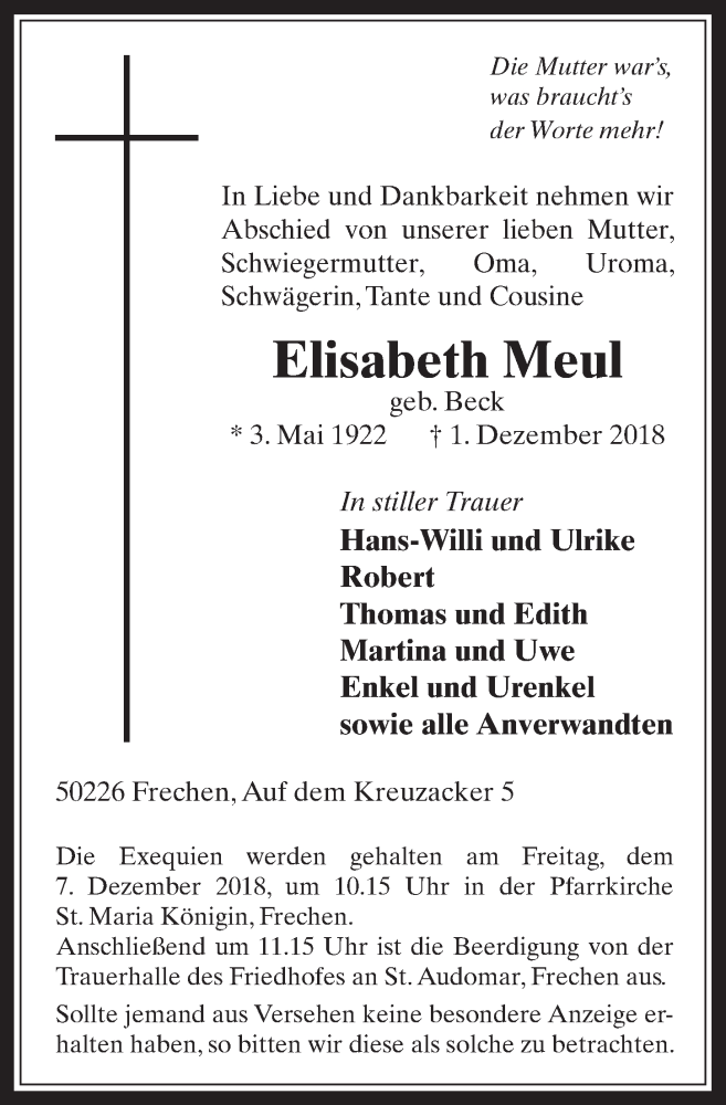  Traueranzeige für Elisabeth Meul vom 05.12.2018 aus  Wochenende 