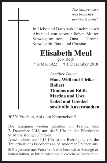 Anzeige von Elisabeth Meul von  Wochenende 