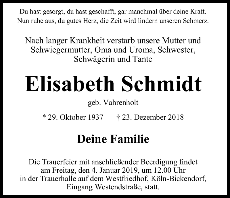  Traueranzeige für Elisabeth Schmidt vom 29.12.2018 aus Kölner Stadt-Anzeiger / Kölnische Rundschau / Express