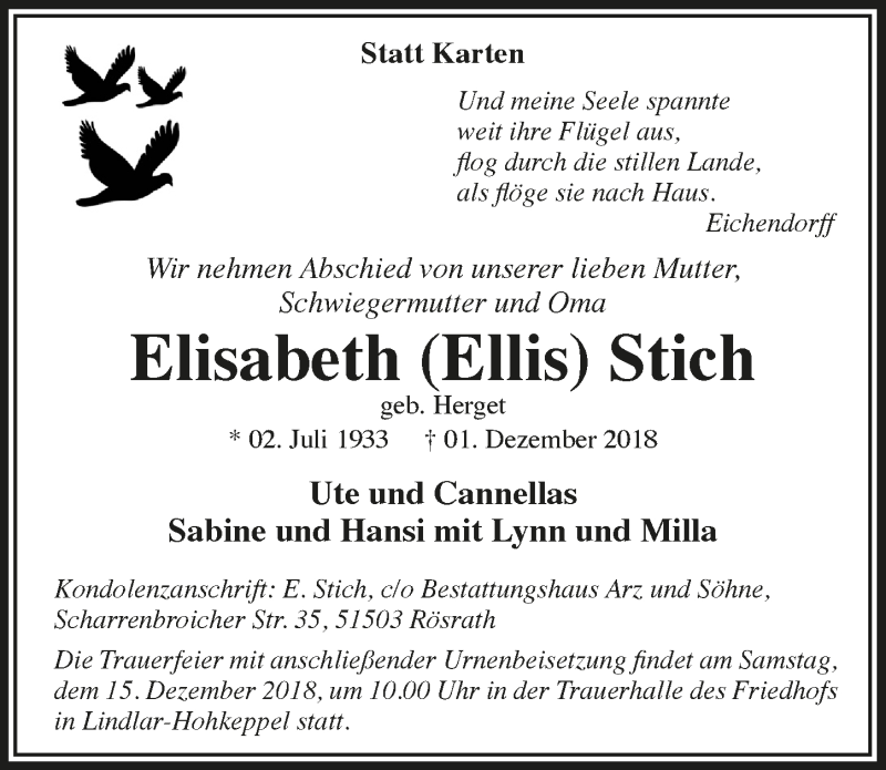  Traueranzeige für Elisabeth Stich vom 12.12.2018 aus  Kölner Wochenspiegel 