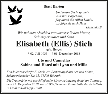 Anzeige von Elisabeth Stich von  Kölner Wochenspiegel 