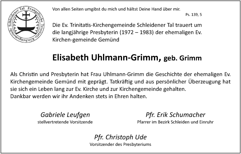  Traueranzeige für Elisabeth Uhlmann-Grimm vom 15.12.2018 aus Kölner Stadt-Anzeiger / Kölnische Rundschau / Express