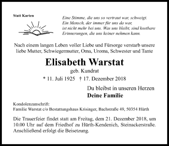 Anzeige von Elisabeth Warstat von Kölner Stadt-Anzeiger / Kölnische Rundschau / Express