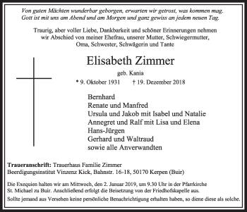 Anzeige von Elisabeth Zimmer von  Sonntags-Post 