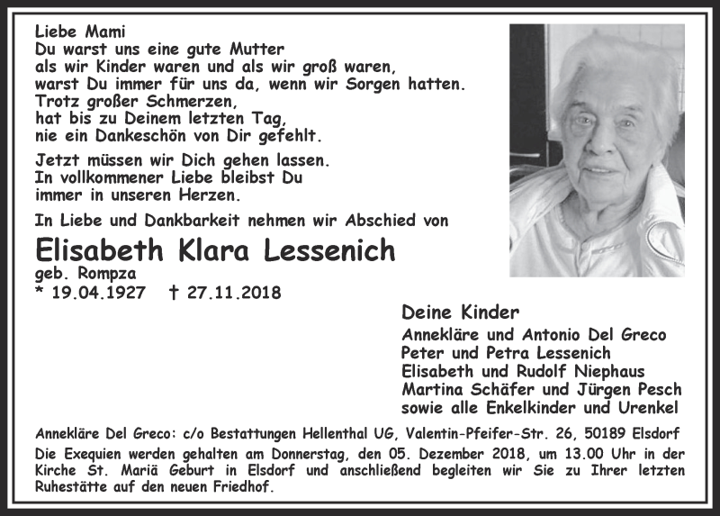  Traueranzeige für Elisabeth Klara Lessenich vom 05.12.2018 aus  Werbepost 
